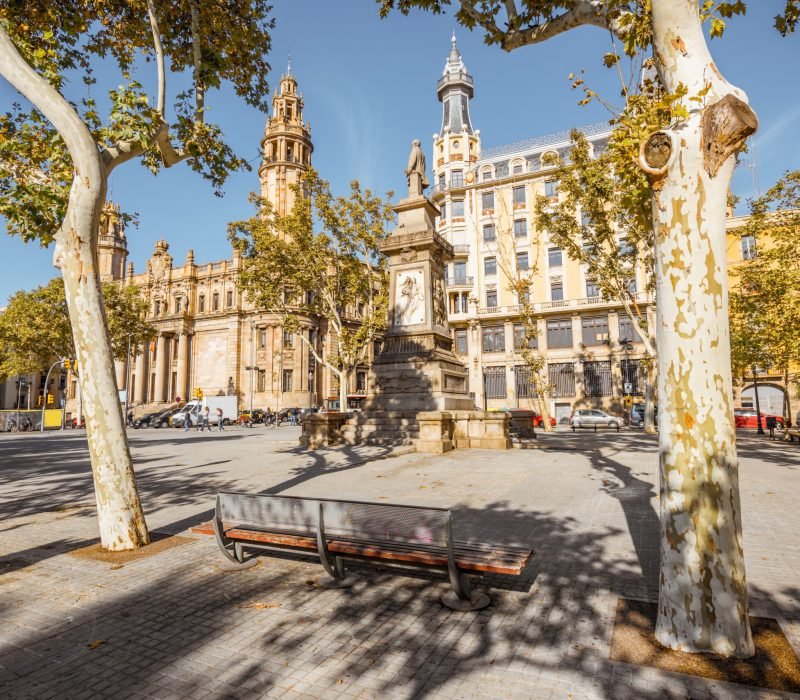 View on the Antonio Lopez square during the sunny weather in the old town of Barcelona city